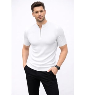 Erkek Kısa Kol Fitilli Triko T-Shirt Yazlık Hakim Yaka Tişört - Beyaz