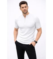 Erkek Kısa Kol Fitilli Triko T-Shirt Yazlık Hakim Yaka Tişört - Beyaz