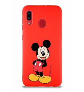 Samsung Galaxy A20 Soft Premier Kapak Mickey Mouse-B Tasarımlı Silikon Kılıf - Kırmızı (Şeffaf)