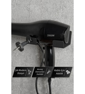Siyah Saç Kurutma Makinesi Askısı - Metal Fön Makinesi Rafı Banyo Askısı