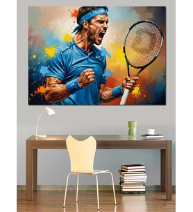 Tenis Maçında Hırslı Erkek Oyuncu Dekoratif Kanvas - Mdf Ahşap Tablo