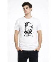 Erkek Atatürk Baskılı Tişört Kısa Kollu Bisiklet Yaka T-Shirt - Beyaz