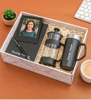 Kişiye Özel Fotoğraflı Çerçeve,Defter,Kalem,French Press Ve Termos Hediye Seti (Siyah)