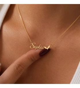 Kişiye Özel 925 Ayar Gümüş Minimalist Yarasa İsim Kolye (Gold)