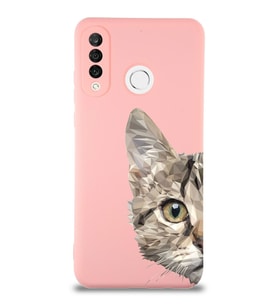 Huawei P 30 Lite Uyumlu Lansman Kılıf Catface Tasarımlı İçi Kadife Pembe Kapak (Şeffaf)