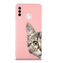Huawei P 30 Lite Uyumlu Lansman Kılıf Catface Tasarımlı İçi Kadife Pembe Kapak (Şeffaf)