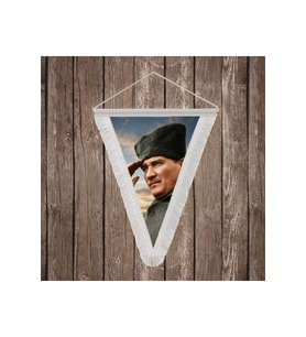 Selam Veren Ulu Önder Gazi Mustafa Kemal Atatürk Beyaz Saçaklı Üçgen Flama Bayrak Hatıra Flama ATA63