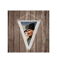 Selam Veren Ulu Önder Gazi Mustafa Kemal Atatürk Beyaz Saçaklı Üçgen Flama Bayrak Hatıra Flama ATA63