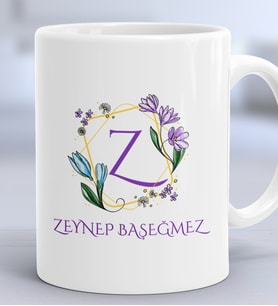 Kişiye Özel Çiçekli Z Harfli Hediye Kupa Bardak İsim Soyisim Yazılı (Beyaz)