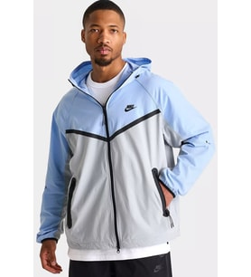 Nike Tech Woven Windrunner Full Zip Loose Fit Jacket Erkek Bol Kesim Dokuma Kapüşonlu Spor Ceket Mavi Gri