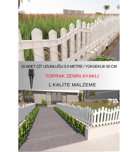 Dekoratif Plastik Bahçe ve Peyzaj Çiti 10 ADET ÇİT (Y: 50 CM / G: 5.5 M) TOPRAK AYAKLI (Beyaz)