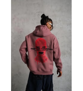 Erkek Maske Baskılı Kapüşonlu Sweat - Gül Kurusu