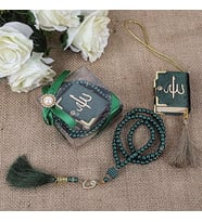 Hediyelik Mini Kuran, İnci Tesbihli Kare Kutulu Set-Yeşil