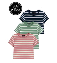 Kadın 3'lü Paket Yeşil-Pembe-Mavi Crop Tişört Pamuk Bisiklet Yaka T-Shirt