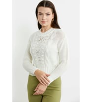 Saç Örgü Motifli Crop Yünlü Triko Kazak - Kemik
