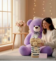 Premium 90 cm Peluş Ayı ve Silindir Kraft Kalpli Kutuda, Kalpli Balonlu 6’lı BOZ Ayıcık Buketi (Lila)