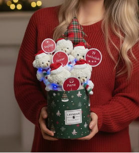 Para,Sağlık,Mutlulu,Huzur Dilekli Noel Yılbaşı Ayıcık Buketi Silindir Kutu LED Işıklı
