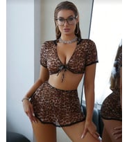 Intive Fantasy Leopar Desen Transparan Bağlamalı Büstiyer Etek Fantezi Takım