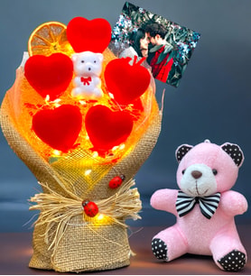 Kişiye Özel Fotoğraflı Led Işıklı Buket ve Peluş Ayıcık Anahtarlık (Model 5)