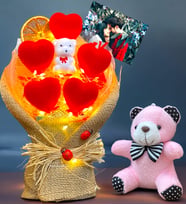 Kişiye Özel Fotoğraflı Led Işıklı Buket ve Peluş Ayıcık Anahtarlık (Model 5)