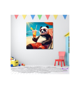 Tekli Kare Kanvas Sahilde Güneşlenip Kokteyl İçen Panda Tasarımı