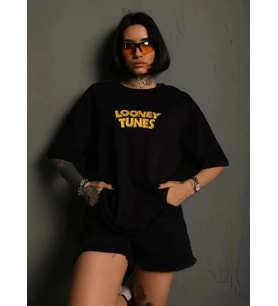 pilelistore- Unisex Bisiklet Yaka Baskılı Oversize T-Shirt - Siyah