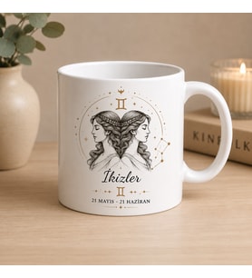İkizler Burcu Baskılı Beyaz Kupa Bardak  Astroloji Temalı Seramik Kahve Kupası  Modern Burç Tasarım Hediye