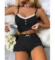Siyah Likralı Düğmeli Yumuşacık 2Lİ Pijama Takımı