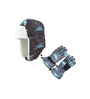 Su Geçirmez Erkek Çocuk Bere Eldiven Set 4-8 Yaş Kayak Snowboard Bere Eldiven Gri Mavi Dino