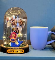 Kişiye Özel Tasarım Led Işıklı Fanus ve Turkuaz Kupa Bardak Hediye Seti (Model 7)