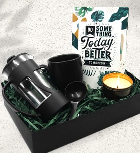 Siyah Mat Kupa & Özel Tasarımlı Defter & French Press & Siyah Mum Hediye Seti