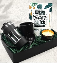Siyah Mat Kupa & Özel Tasarımlı Defter & French Press & Siyah Mum Hediye Seti