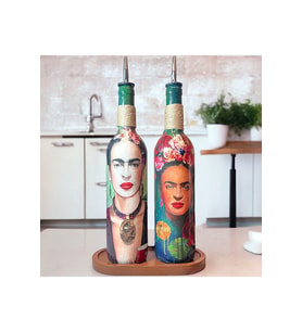 Özel Tasarım 750 ml Zeytinyağı Sıvıyağ Şişesi Yağdanlık Yağlık Sirkelik Sosluk 2'li Set, Dekor (Çok Renkli)