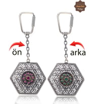 Yakut ve Zümrüt Taşlı Çiçek Model Çift Taraflı Oksitli Gümüş Telkari Anahtarlık 201025184