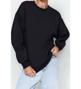 Regular Bisiklet Yaka Düşük Kol Regular Kalın İçi Polarlı Normal Kalıp Basic Örme Sweatshirt