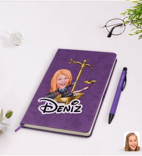 BK Gift Kişiye Özel Kadın Avukat Karikatürlü Mor Termo Deri Defter Kalem Seti Model 4