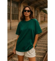 Kadın Yeşil %100 Pamuk Oversize Basic Tişört – Rahat Kalıp Relaxed Bisiklet Yaka T-Shirt