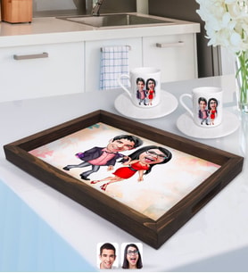 BK Gift Kişiye Özel Sevgililer Karikatürlü Doğal Ahşap Tepsi ve 2’li Kahve Fincan Seti-4