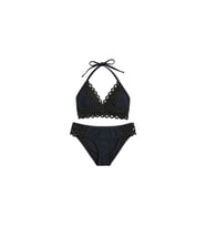 Siyah Halka Örgü Detaylı Üçgen Bikini Takımı