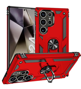 Samsung Galaxy S24 Ultra Uyumlu Kılıf Standlı Manyetik Yüzüklü Military Magnetic Ring Polycarbonate and TPU Case (Kırmızı)