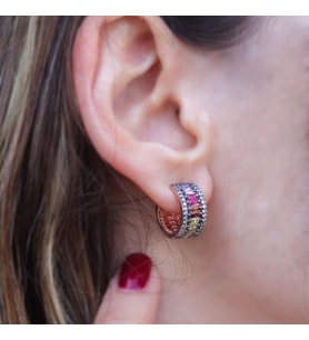 Renkli Zirkon Taşlı Baget Rose Gold Kaplama Gümüş Küpe