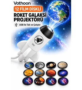 12 Film Diskli Roket Galaksi Projektörü Usb Tak Çalıştır Uzay Ve Gezegen Projeksiyon Gece Lambası