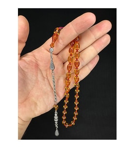 SEVGİLİYE ÖZEL HEDİYE ATEŞ KEHRİBAR TESBİH BAL RENKLİ ARPA KESİM 11MMX7MM H-1643.