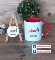 Memur Kupa Bardak Kırmızı ve Ahşap Anahtarlık Hediye (Model 1)