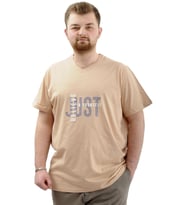 Mode XL Büyük Beden Erkek T-Shirt V Yaka Baskılı BELIEVE U24054 Bej
