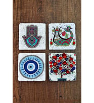 Taş Bardak Altlığı Nar Ağacı Şahmeran Nazar Hamsa Baskılı Baskılı 4'lü Set - Stone Coasters