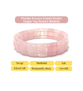 SERTİFİKALI Pembe Kuvars Köşeli Kesim Doğal Taş Roleks Bileklik