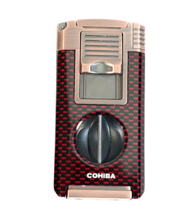 Cohiba Çift Torch Pürmüz Dahili Kesici Delicili Kırmızı Karbon Desenli Bronz Metal Puro Çakmağı