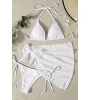 Angelsin Pareolu Bağlamalı 3'lü Bikini Takım Set (Çıkartılabilir Kaplı) (Beyaz)