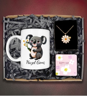Kişiye Özel Papatya Kolye&Kişiye Özel Koala Tasarımlı Kupa&Cep Ayna Hediye Seti
